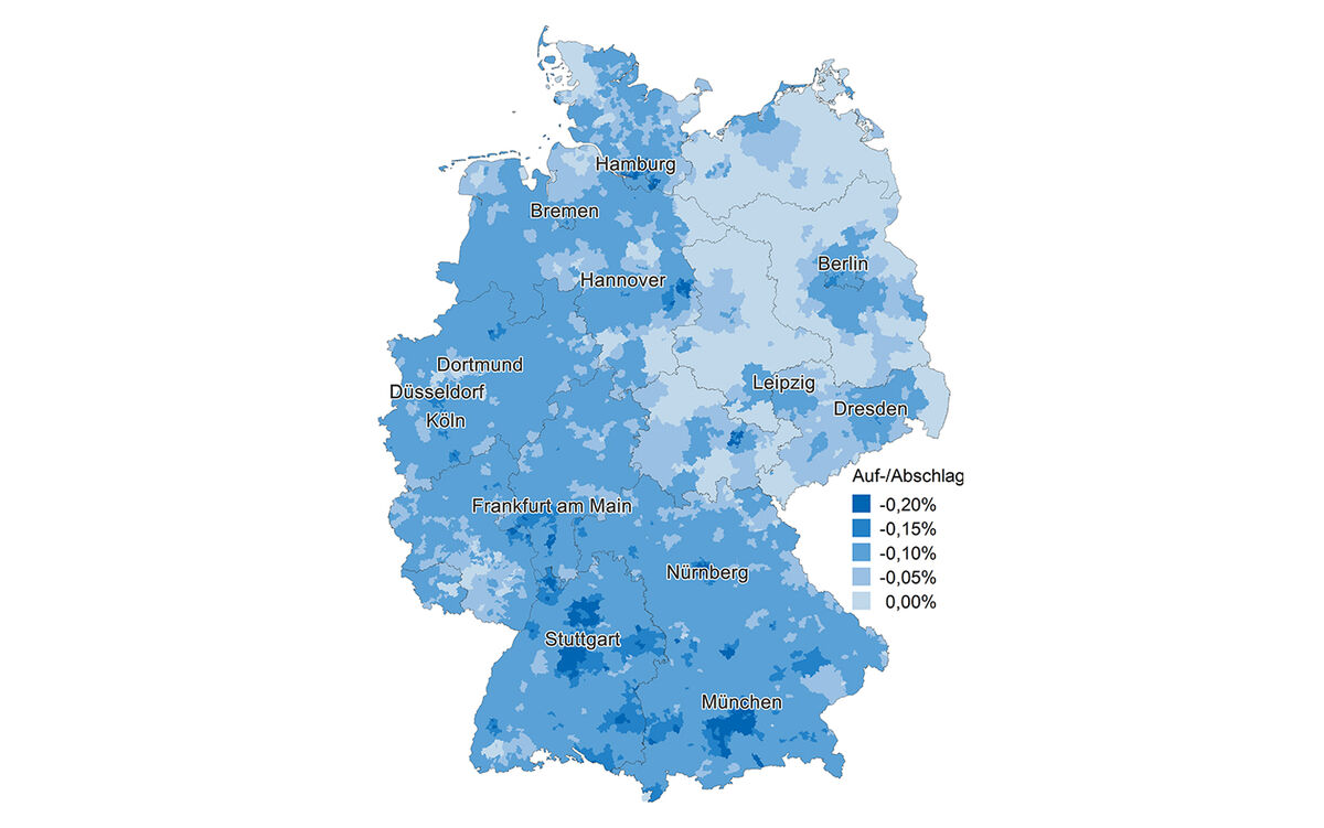 Deutschlandkarte mit farblich markierten Postleitzahlgebieten für den jeweiligen Auf- und Abschlag des RegioflexRegioFlex-Karte