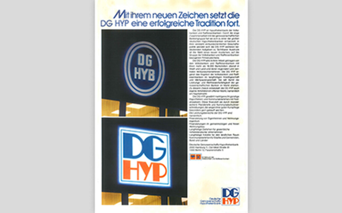 Modernes Logo der Hypothekenbank in den 70er Jahren Historische Anzeige über das neue und alte Firmenlogo in den 70er Jahren