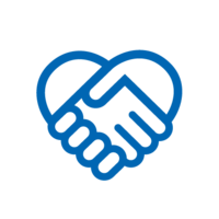 Blaues Icon mit Händen, die von einem Herz umrandet sind