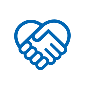 Blue icon: handshake of two hands in the shape of hearts