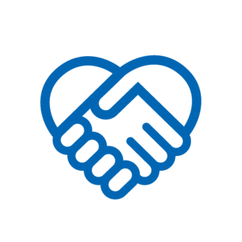 Blaues Icon: Händedruck zweier Hände in Form eines Herzes