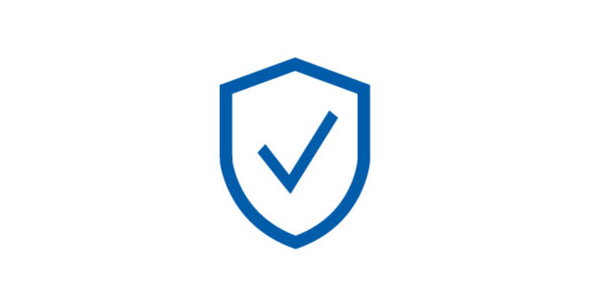 Blue icon: shield with a checkmark within