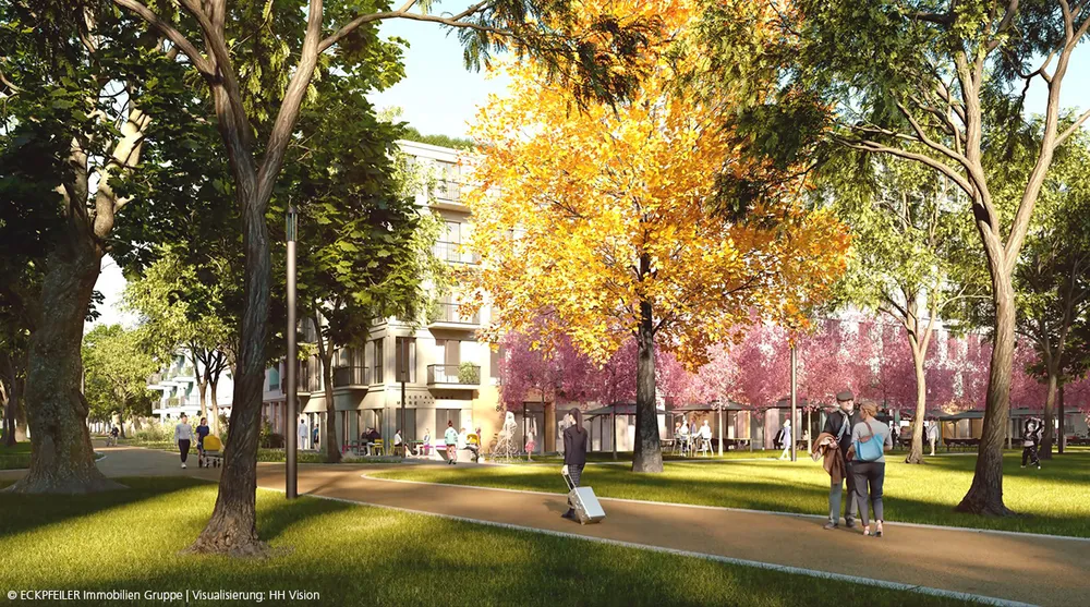 Visualisierung Objekt Kirschgärten, © ECKPFEILER Immobilien Gruppe | Visualisierung: HH Vision Visualisierung Objekt Kirschgärten, Menschen in einem Park mit vielen Bäumen, im Hintergrund ein Wohn- und Geschäftshaus