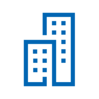 Blaues Icon: Zwei Bürogebäude, die verschiedene Unternehmen symbolisieren