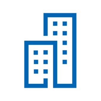 Blue icon: two overlapping skyscrapers