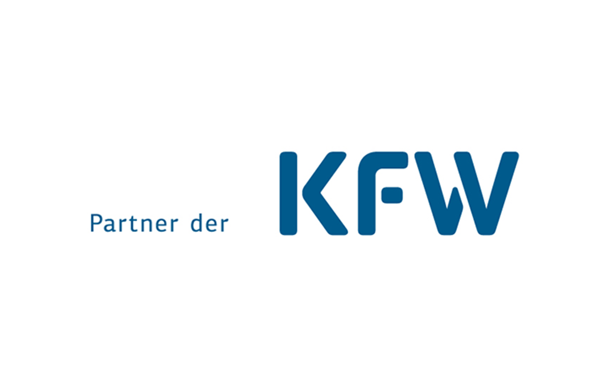 Blaues Logo der Kreditanstalt für Wiederaufbau KfW, die Buchstaben "KfW", davor steht "Partner der"