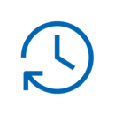 Blaues Icon: Eine runde Uhr, der Rand der Uhr endet in einer Pfeilspitze