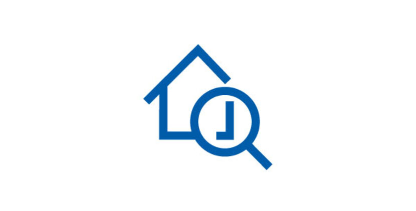 Blue icon: house with pointy roof and a magnifying glass on one corner