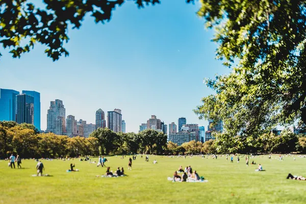 Wiese mit Menschen und Hochhäusern im Hintergrund Wiese mit Menschen und Hochhäusern im Hintergrund