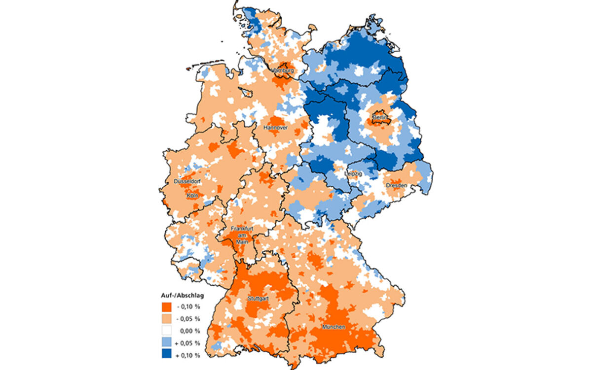 Deutschlandkarte mit farblich markierten Postleitzahlgebieten für den jeweiligen Auf- und Abschlag des Regioflex