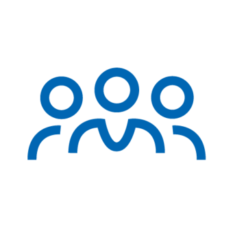 Blue icon: heads and shoulders of three people next to each other, above a speech bubble
