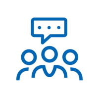 Blue icon: Heads and shoulders of three people side by side with a speech bubble above