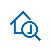 Blaues Icon: Haus mit Spitzdach, mit einer Lupe auf einer Ecke des Hauses