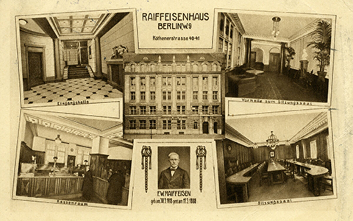 Raiffeisenhaus in Berlin in der Weimarer Republik Historische Postkarte mit fünf Ansichten des Raiffeisenhauses in Berlin in der Zeit der Weimarer Republik