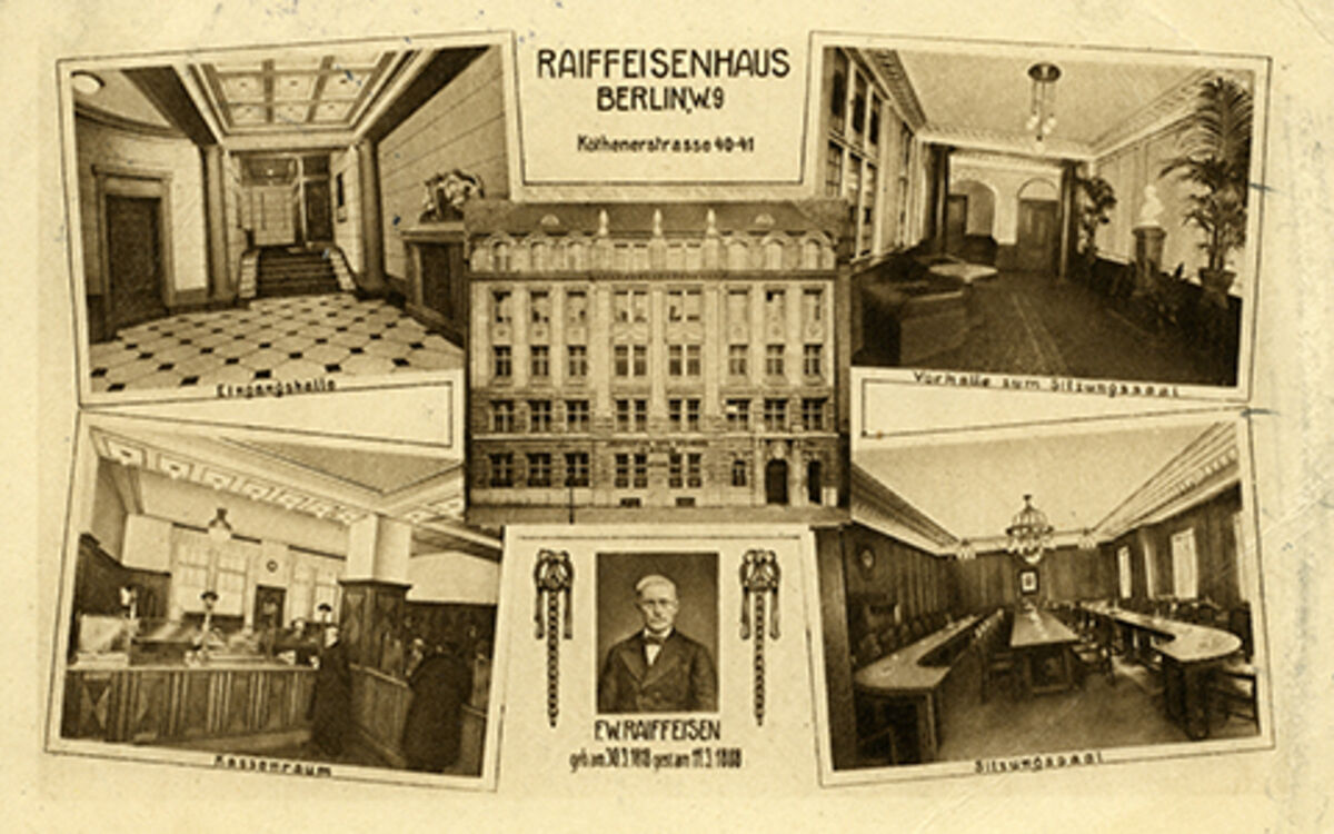 Historische Postkarte mit fünf Ansichten des Raiffeisenhauses in Berlin in der Zeit der Weimarer Republik