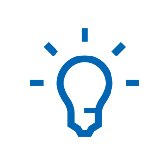 Blue icon: Lightbulb surrounded by 5 short lines