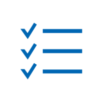Blaues Icon: Checkliste, Liste mit drei Strichen und drei Haken dahinter