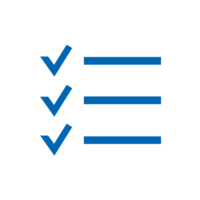 Blue icon: Checklist, list with three dashes and three ticks behind it