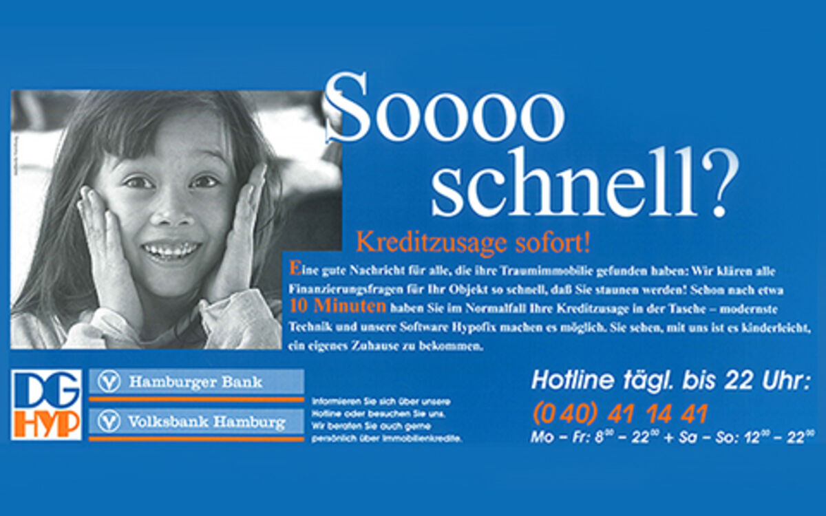 Digitalisierung des Bankengeschäfts seit den 1970er Jahren Historische Anzeige zur computergestützten Darlehenszusage mit dem Foto eines Kindes