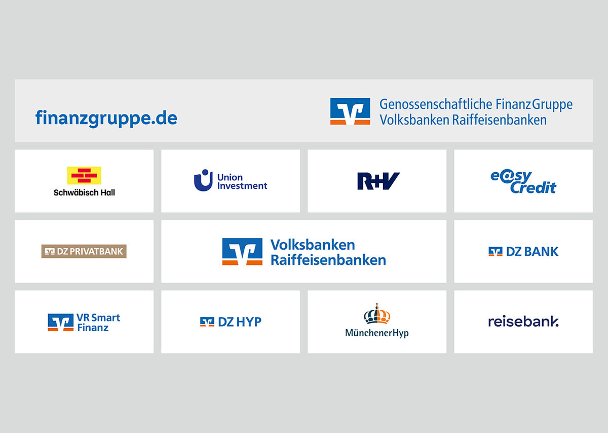 the nine logos of the members of the corporate financial network "Volksbanken Raiffeisenbanken"