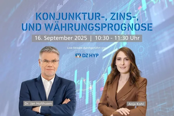 Veranstaltungsankündigung: Prognoseveranstaltung am 16. September 2025 Veranstaltungsankündigung: Anja Kohl und Dr. Jan Holthusen vor einem Börsenchart