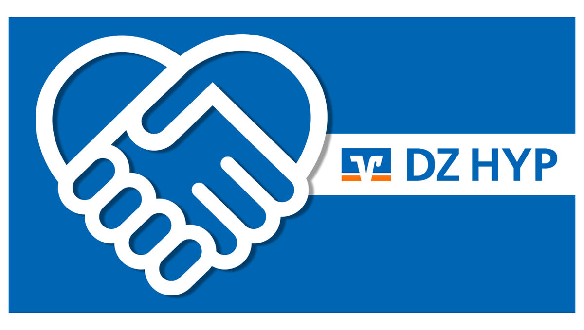 Ein Piktogramm aus zwei schüttelnden Händen, umrandet als ein Herz und daneben befindet sich das Logo der DZ HYP.