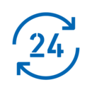 Blaues Icon: Die Zahl 24, umrahmt von zwei halbrunden Pfeilen