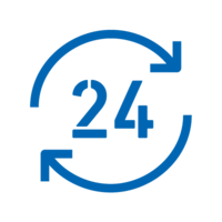 Blue icon: The number 24, framed by two semicircular arrows