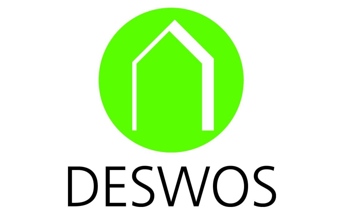 Logo of the German Development Aid for Social Housing and Settlement DESWOS e.V.: Bright green circle with the white outlines of a house in it.