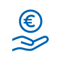 Blue icon: an open flat hand, above a circle with a Euro sign in it