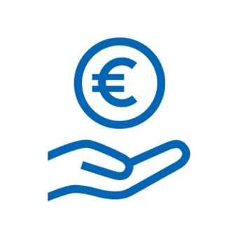 Blaues Icon: eine geöffnete flache Hand, darüber ein Kreis mit einem Euro-Zeichen darin