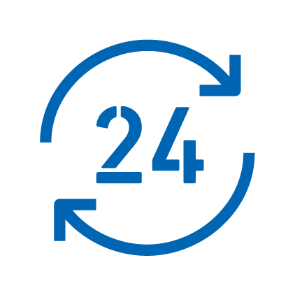  Blue icon: The number 24, framed by two semicircular arrows