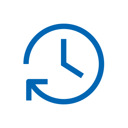 Blaues Icon: Eine runde Uhr, der Rand der Uhr endet in einer Pfeilspitze