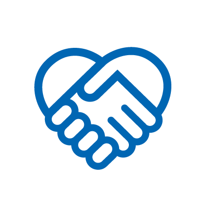 Blue icon: handshake of two hands in the shape of hearts