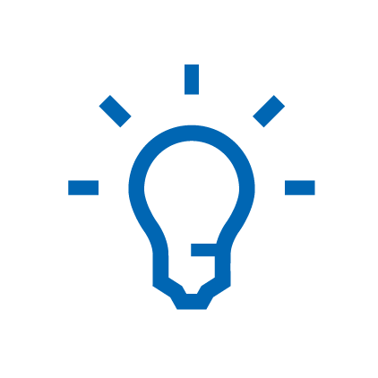 Blue icon: Lightbulb surrounded by 5 short lines