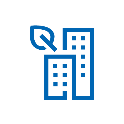 Blue icon: 2 overlapping buildings, at one edge the leaf of a plant