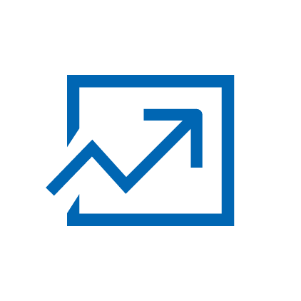 Blue icon: A square with an arrow moving in a zig zag pattern upwards to the left