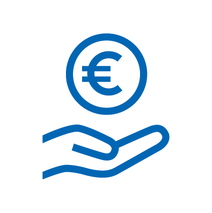  Blue icon: an open flat hand, above a circle with a Euro sign in it